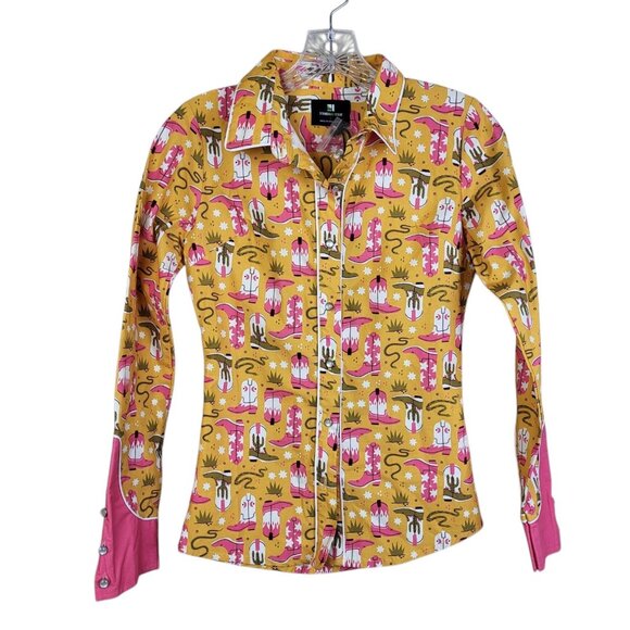Standard Issue Cowgirl Shirt Women's Small Yellow Pink Boots Western Rockabilly - Picture 1 of 9